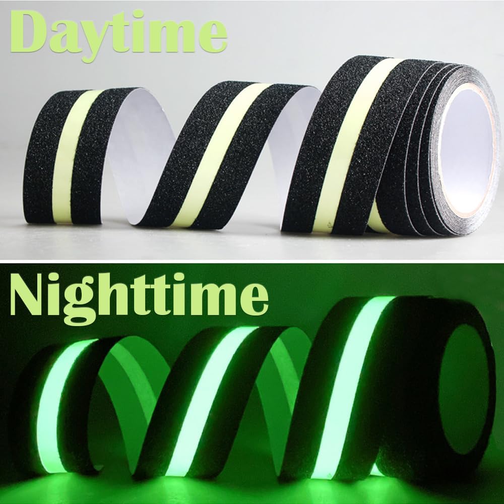 1Roll 5cmx5m Anti-Slip Traction Tape with Glow in the Dark Stripe, Waterproof Non-Skid Adhesive for Stairs, Steps, Outdoor & Indoor Use, High-Traction Safety Treads for Kids & Seniors (Black)
