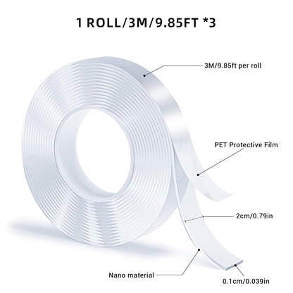 3 Rolls Double Sided Tape, Nano Tape, Transparent Adhesive Tape, Traceless Adhesive Tape, Removable, Washable, Reusable, Suitable for Carpets, Photo Walls, 9.85 Feet Per Roll