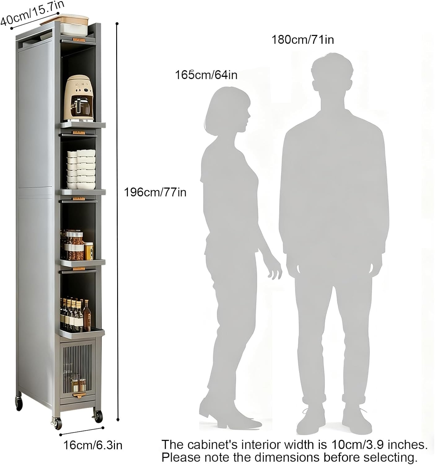5-Tier Tall Narrow Mobile Shelf Organizer, Slim Storage Cart on Wheels | Pull Out Cabinet Organizer for Small Space Kitchen Space Saving, with Transparent Flap Door Design, Grey