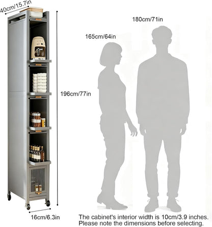 5-Tier Tall Narrow Mobile Shelf Organizer, Slim Storage Cart on Wheels | Pull Out Cabinet Organizer for Small Space Kitchen Space Saving, with Transparent Flap Door Design, Grey