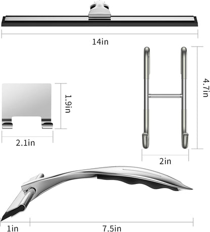 14-Inches Stainless Steel Shower Squeegee Set, Include Shower Door Hook, Adhesive Hook and Spare Silicone Blade, Window Squeegee for Shower Glass Door, Bathroom, Mirror, Window and Car Glass