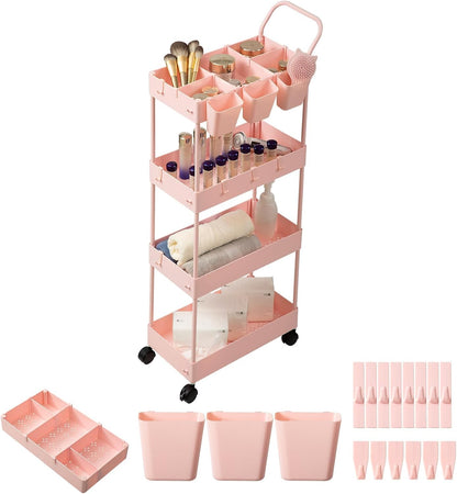 danpinera Storage Cart on Wheels, 3 Tier Slim Laundry with Wheels Bathroom Organizer with Hanging Cups Hooks Dividers Handle Mobile Rolling Art Cart for Bathroom Kitchen Narrow Places, White