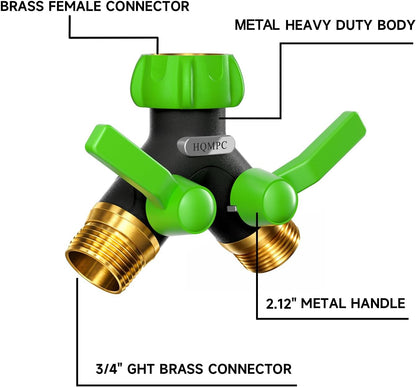 HQMPC Garden Hose Y Valve Splitter With Metal Long Handle Brass Hose Splitter Big Water Flow Hole- Spigot Splitter 2 way 3/4" GHT Thread