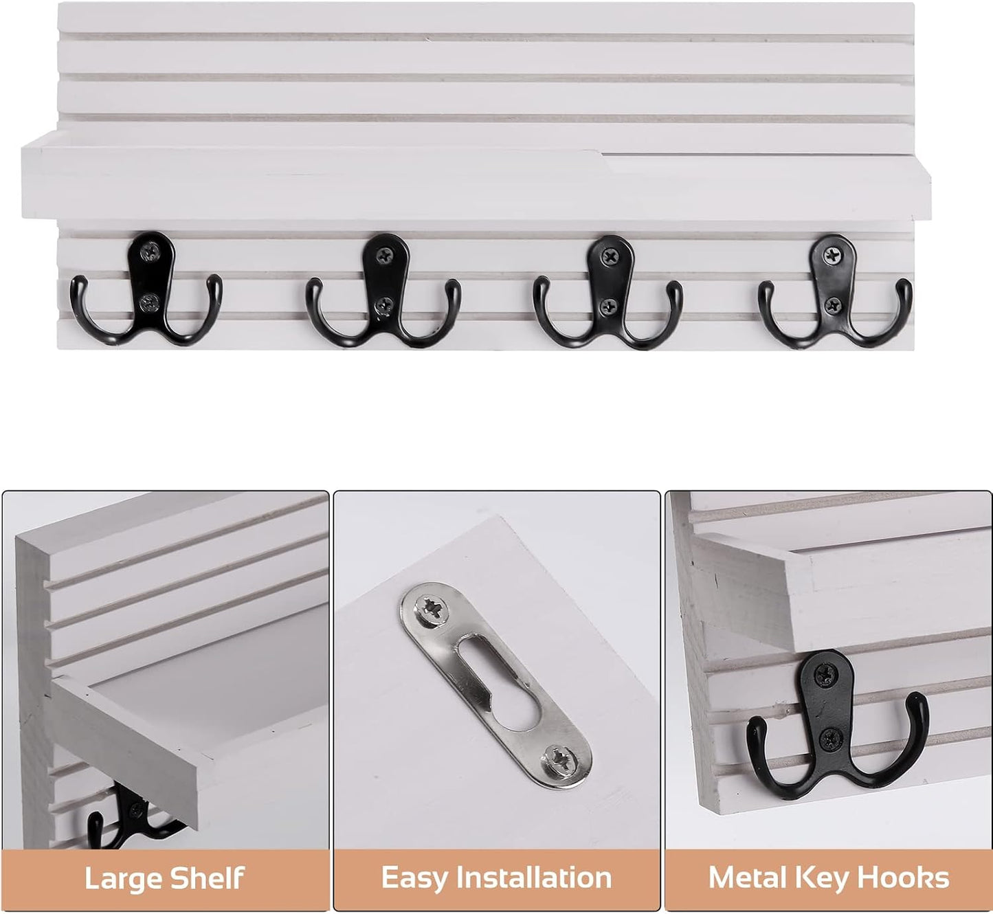 Decorative Key Hanging Rack with 4 Double Hooks – Easy Install Natural Wooden Key and Mail Holder for Wall Mount – Entryway Decor Rack with Shelf (Carbon Black)