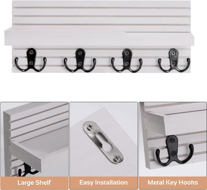 Decorative Key Hanging Rack with 4 Double Hooks – Easy Install Natural Wooden Key and Mail Holder for Wall Mount – Entryway Decor Rack with Shelf (Carbon Black)