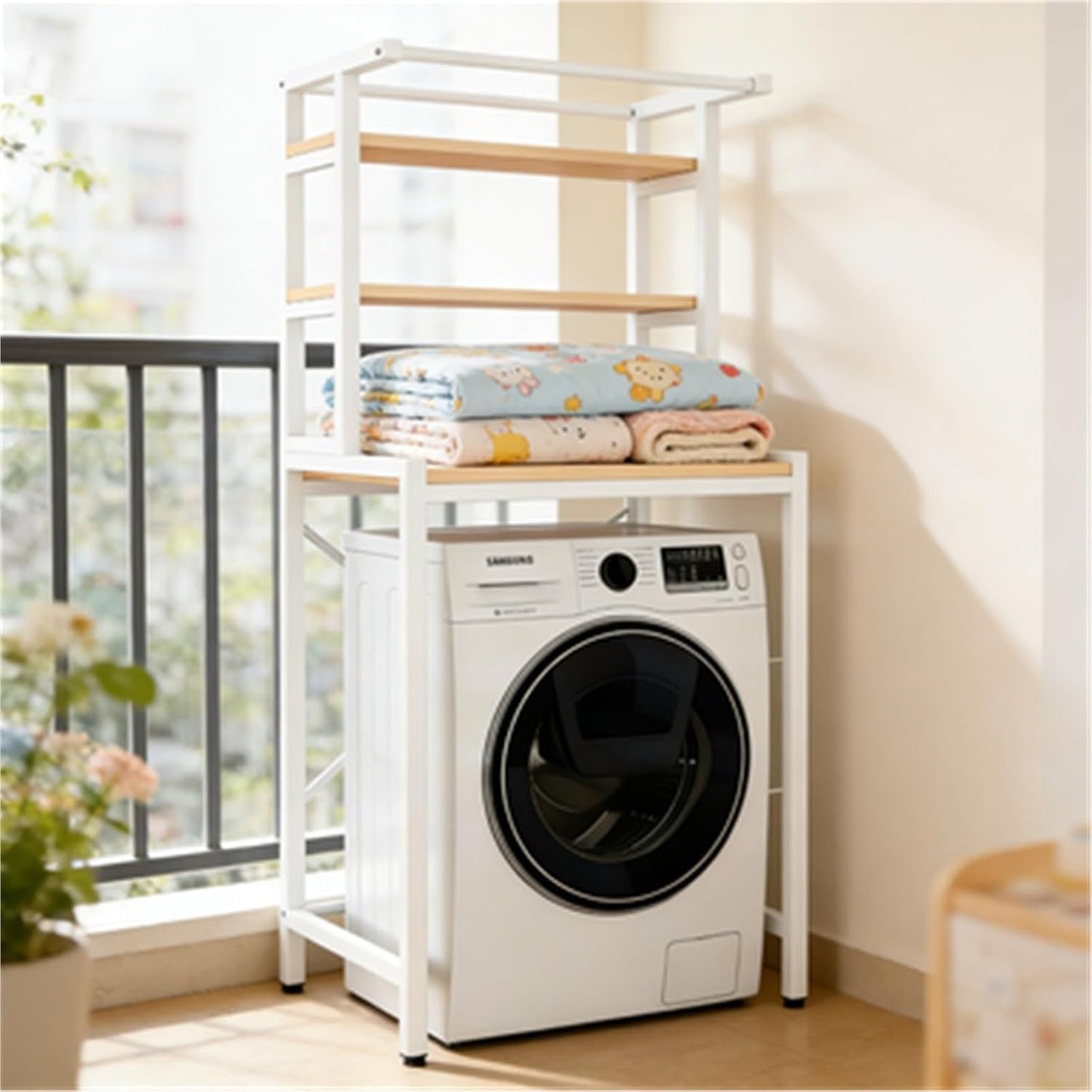 Over The Washer Storage Shelf, Space-Saving Laundry Organizer, Sturdy Metal Frame with Natural Wood Shelves, No Drilling, Ideal for Laundry Room, Bathroom, Balcony(White,3-T)
