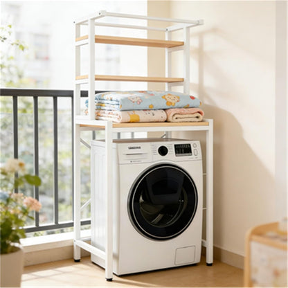 Over The Washer Storage Shelf, Space-Saving Laundry Organizer, Sturdy Metal Frame with Natural Wood Shelves, No Drilling, Ideal for Laundry Room, Bathroom, Balcony(White,3-T)