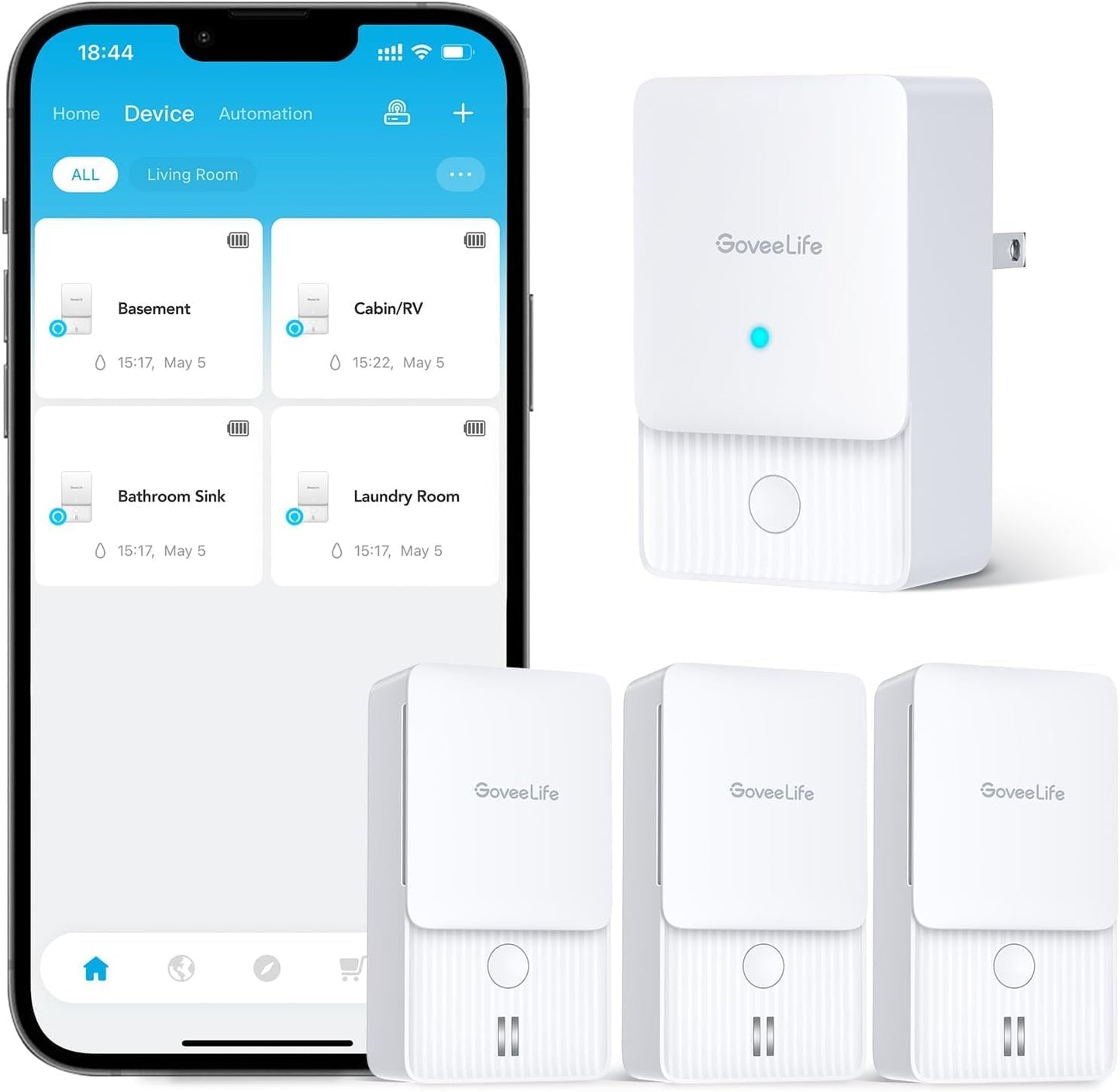 GoveeLife Premium Smart Water Leak Detector 2 with 1968ft Ultra-Long Range, WiFi Water Sensor with SMS/Email/APP Push and Sound Alarm, 5-Year Battery Life, Suitable for Home, Basement, Kitchen, 4 Pack