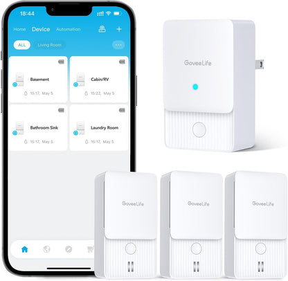 GoveeLife Premium Smart Water Leak Detector 2 with 1968ft Ultra-Long Range, WiFi Water Sensor with SMS/Email/APP Push and Sound Alarm, 5-Year Battery Life, Suitable for Home, Basement, Kitchen, 4 Pack