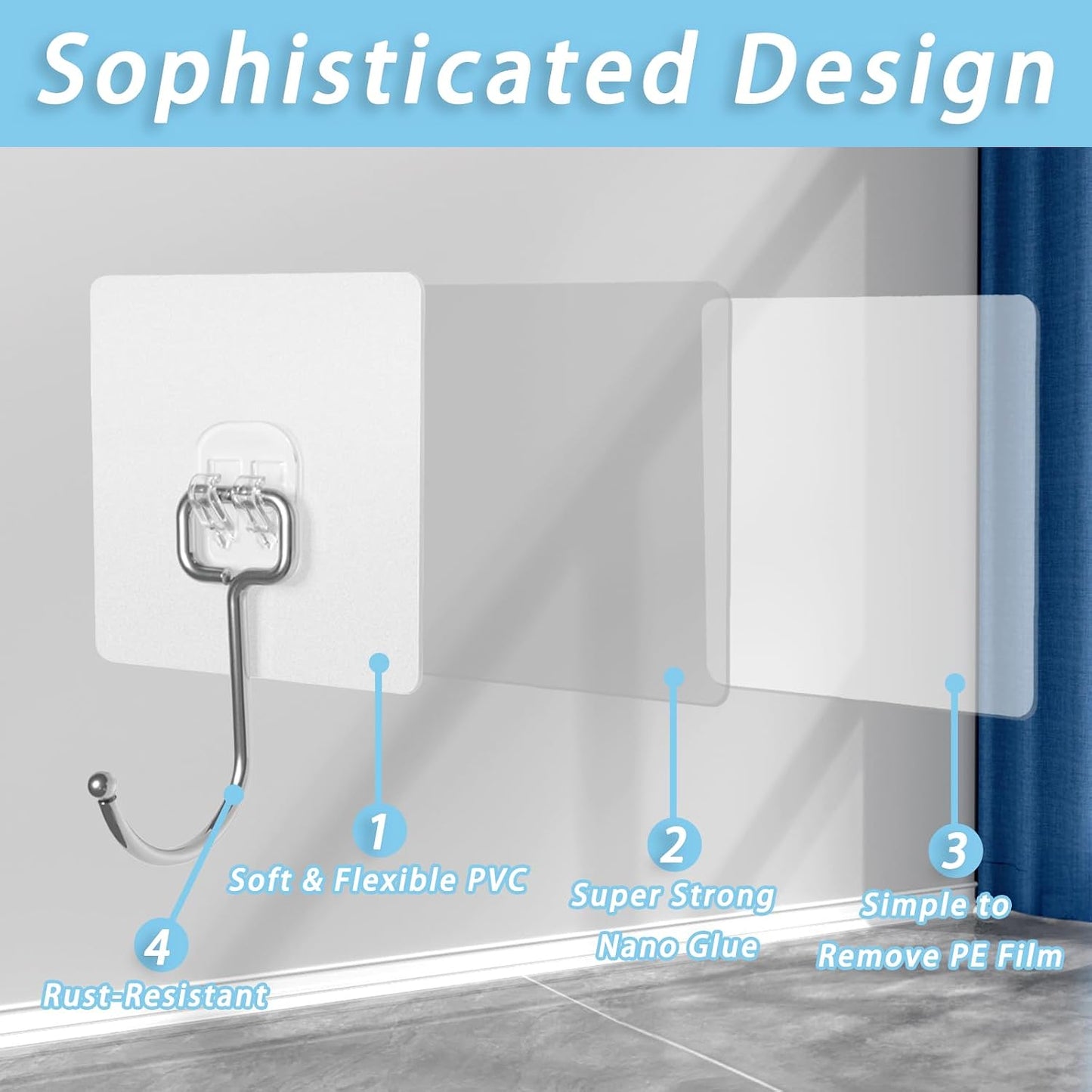 Adhesive Wall Hooks 10-Pack 60lb Heavy Duty - Waterproof Rustproof Sticky Hooks, No Damage Wall Hooks for Kitchen Bathroom Rental Home
