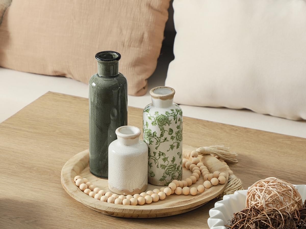 Ceramic Vase Set of 3, Neutral Flower Vases Home Decor, Pottery Rustic Farmhouse Decorative Vases Modern Decor for Table Mantel Entryway Bookshelf Living Room Kitchen Bedroom - Brown