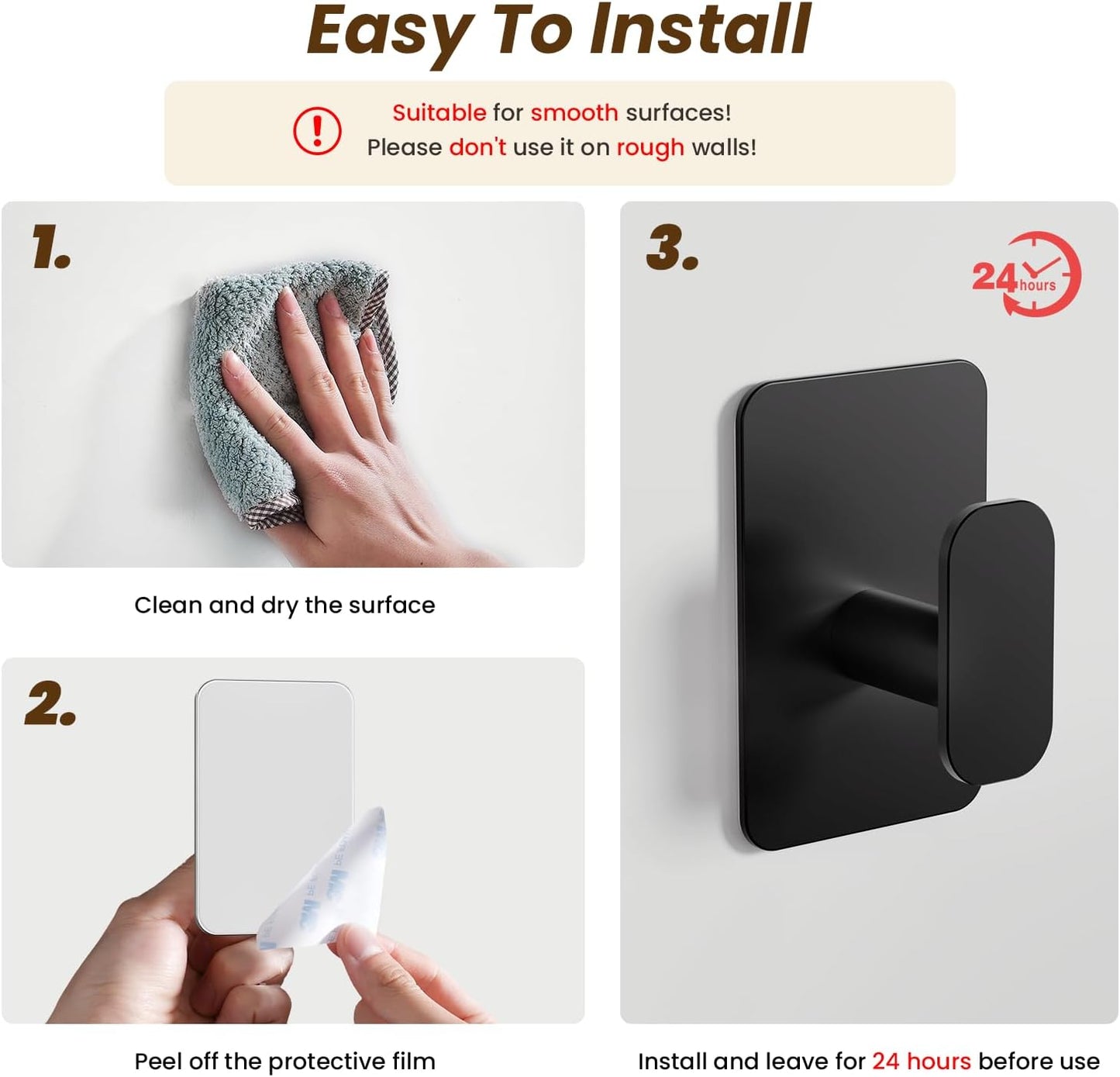 Heavy Duty Adhesive Hooks - 26lb Max, Sticky Wall Hooks Waterproof Stainless Steel for Hanging Towel, Coat, Robe, Towel Hooks Stick on Bathroom, Kitchen, Shower, Door (Black, 4 Pack)