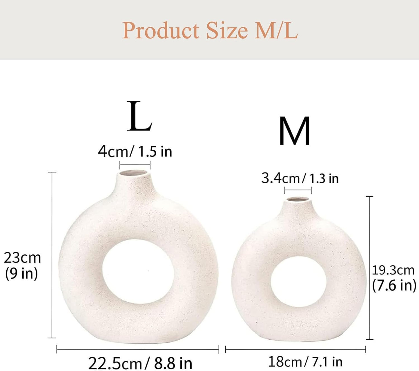 White Ceramic Donut Vase Set of 2, Hollow Matte Pampas Flower Vases for Boho Home Wedding Party Room Dinner Table Shelf Decor.（White）