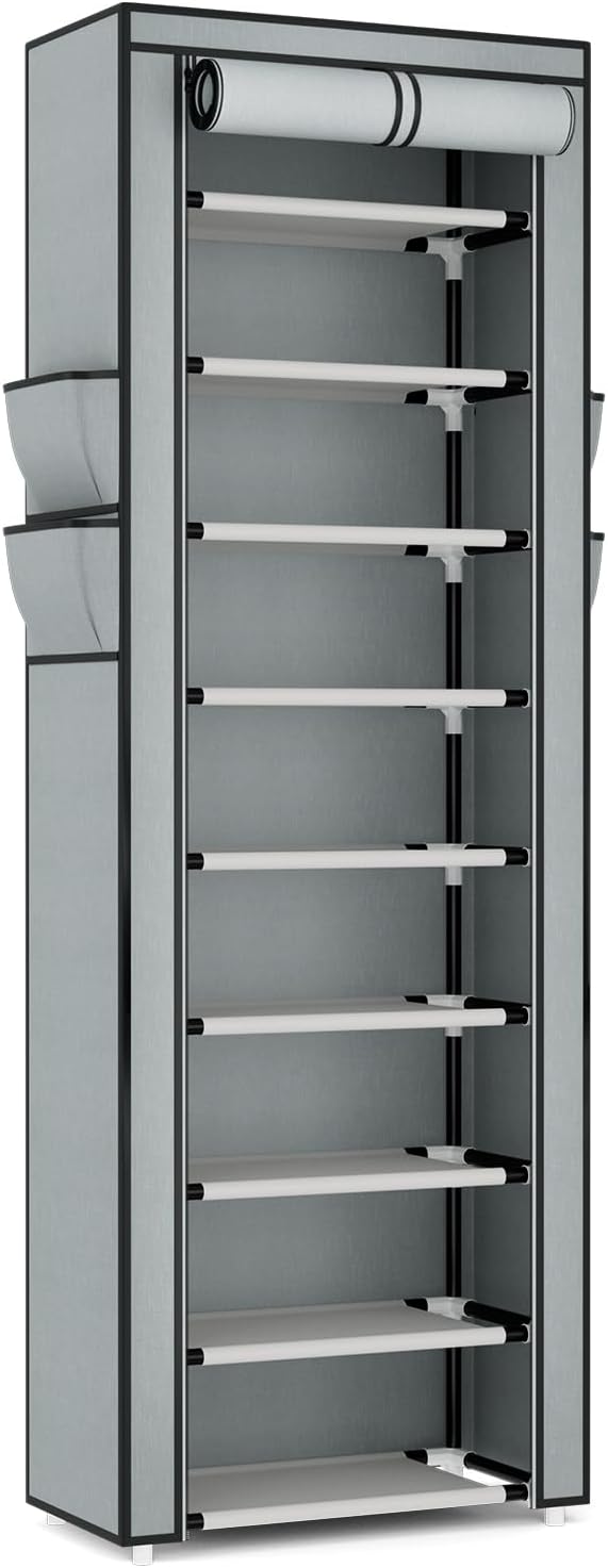 VILICK Shoe Rack with Cover Narrow Shoe Organizer with 4 Side Pockets 10 Tier Tall Shoe Storage Holds 18-22 Pairs Shoes and Boots Shoe Rack for Closet Entryway Garage