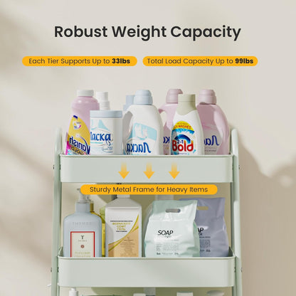DUMOS 3 Tiers Rolling Cart, Utility Cart, Metal, White | Mobile Storage, Lockable Wheels, Utility Shelving Unit, Kitchen, Bathroom, Laundry, Narrow Places
