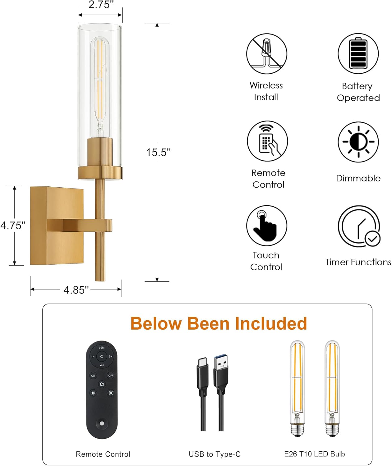 Wireless Wall Sconces with Remote Control, Battery Operated Wall Sconce Set of 2, Black & Gold Rechargeable Dimmable Wall Light for Bedroom Living room Bathroom Hallway Entryway Stairwell, 3000K