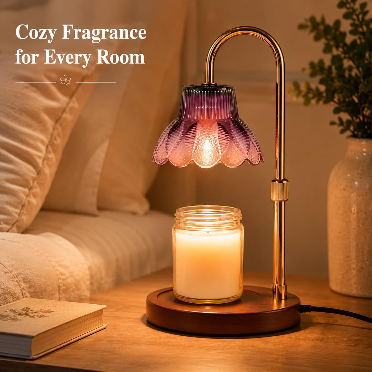 Candle Warmer Lamp with Timer, Dimmer, Vintage Glass Shade | Adjustable height, 2/4/8-hour timer, wood base, 2 bulbs included