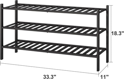 viewcare 3-Tier Black Bamboo Shoe Rack for Entryway, Stackable | Foldable | Natural, Shoe Shelf Storage Organizer for Hallway Closet, Free Standing Shoe Racks for Indoor Outdoor