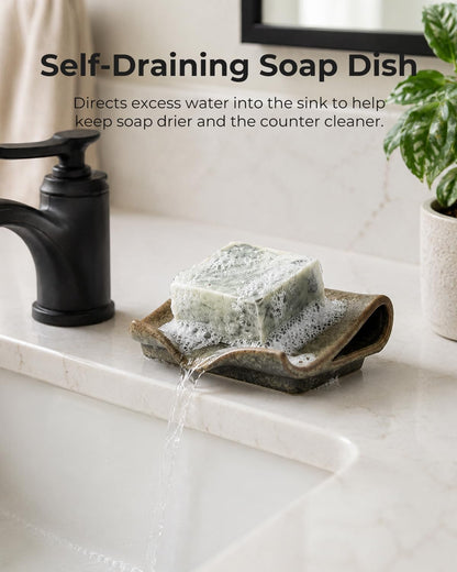 Zoeeker Self-Draining Soap Dish, Ceramic Soap Holder with Drain Spout Waterfall Drying Tray for Shower Bathroom Kitchen Sink Bathtub, Keep Soap Bars Dry, Blue