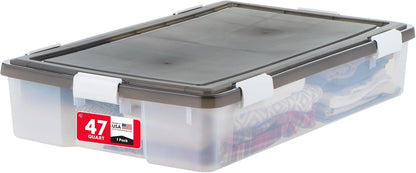 IRIS USA 33 Qt Plastic Under Bed Storage Organizer Bin Container with Secure Lids and Durable Black Buckles, Multi-Purpose for Clothes, Shoes, Clothing, and Bedding, Short, Clear, 3 Pack