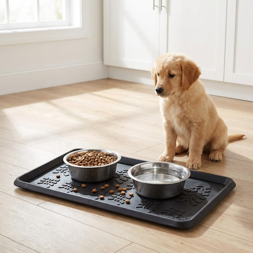 Envelor Rubber Boot Tray for Entryway Indoor Shoe Trays for Mudroom Wet Shoe Mat Tray Multiuse Rubber Water Tray Mud Mat Winter Boot Mat Large Utility Tray, Footsteps, 32 x 16 Inch, 2 Pack