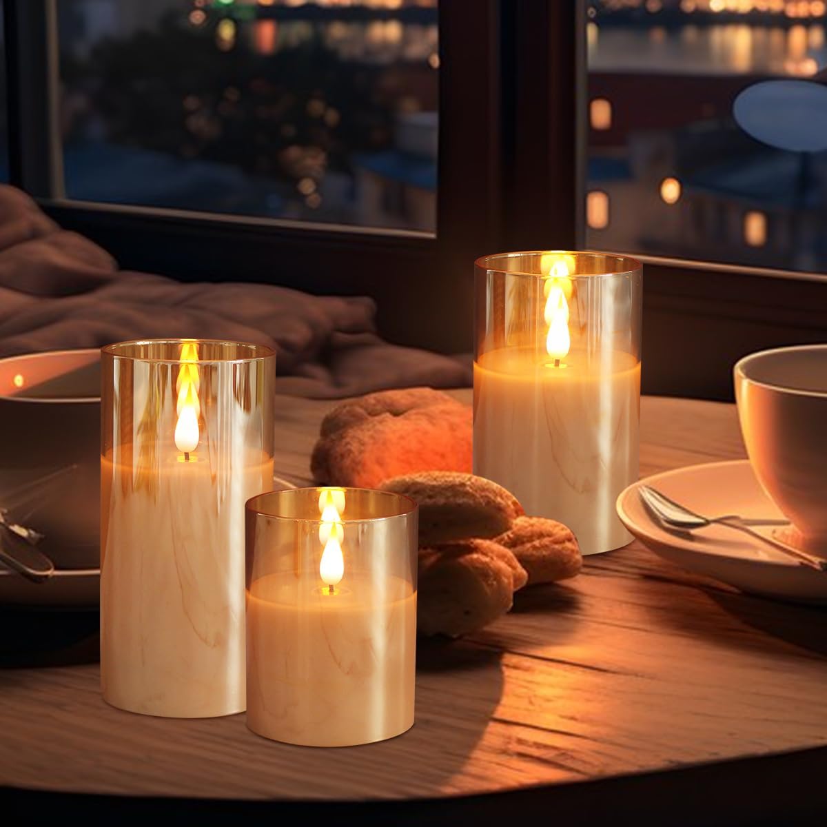 LEDHOLYT Rechargeable Flameless Glass Pillar Candles–Gifts for Women,–Set of 3, Realistic Flickering LED Light,Remote & Timer, Ideal for Living Room, Bedroom & Festival Wedding Home Party Decor