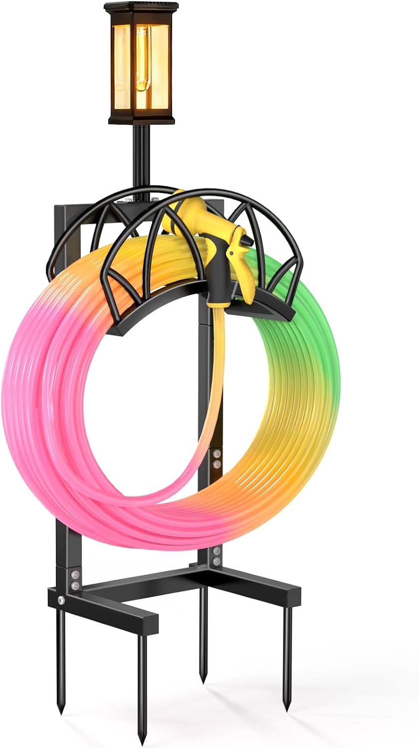HZE Garden Hose Holder, Freestanding Water Hose Reel Stand for Outside, Heavy Duty Detachable Metal Storage Rack Holds 160 FT for Yard Lawn Farm, Black