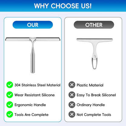 Shower Squeegee for Glass Doors,Stainless Steel Shower Door Squeegee,Windows, Mirrors, Car Windows, Tile Shower Walls, 10 Inch Silver,Durable Includes Shower Door Adhesive Hook