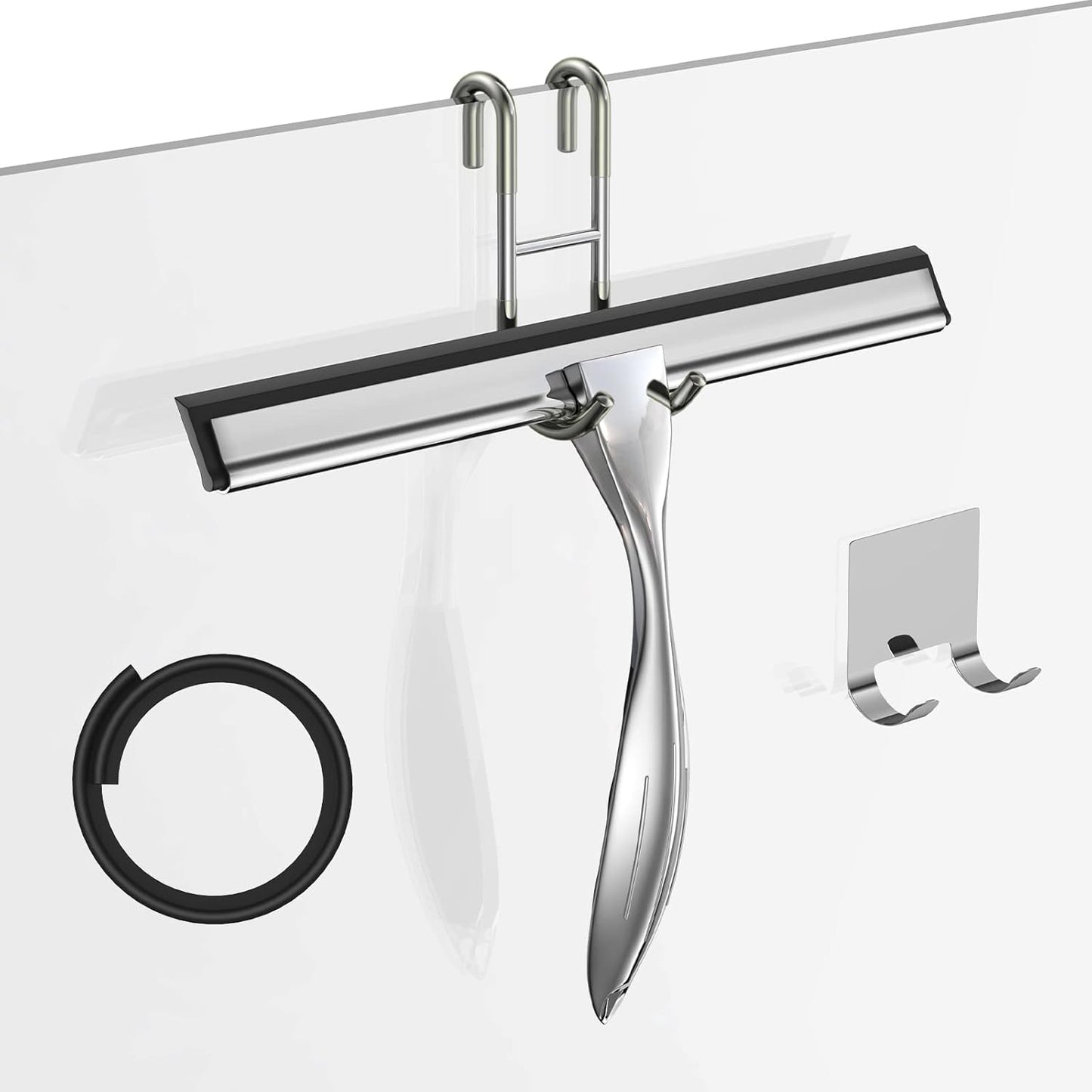 14-Inches Stainless Steel Shower Squeegee Set, Include Shower Door Hook, Adhesive Hook and Spare Silicone Blade, Window Squeegee for Shower Glass Door, Bathroom, Mirror, Window and Car Glass