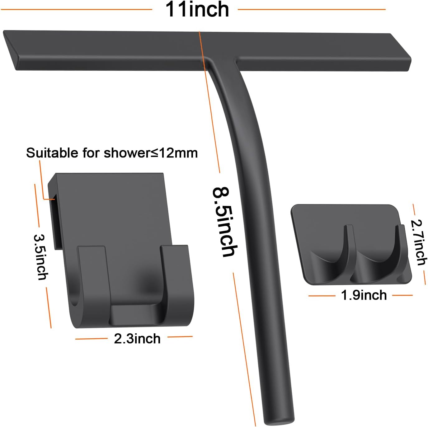 All -Purpose Silicone Shower Squeegee for Shower Glass Door with Hook, Bathroom Accessories for Window Mirror Tile Car Shower Walls,Household Shower Cleaner Tool (Black, 9 inch(1 Hook)