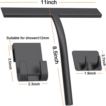 All -Purpose Silicone Shower Squeegee for Shower Glass Door with Hook, Bathroom Accessories for Window Mirror Tile Car Shower Walls,Household Shower Cleaner Tool (Black, 9 inch(1 Hook)