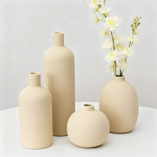 Neutral Ceramic Vase Set of 4, Modern Colors Home Decor, Rustic Farmhouse Decorative Flowers Vases for Bouquet, Pampas | Table Mantel Centerpiece Bookshelf Living Room Bedroom (Neutral Mix Set of 4)