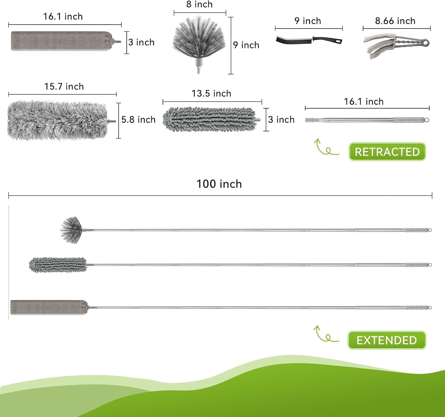 100-inch Duster with Extension Pole, 9-in-1 Cobweb Duster Kit Includes Spider Web Brush & Flat Gap Cleaner for High Ceiling, Fan, Under Appliances, Car, Home Deep Cleaning