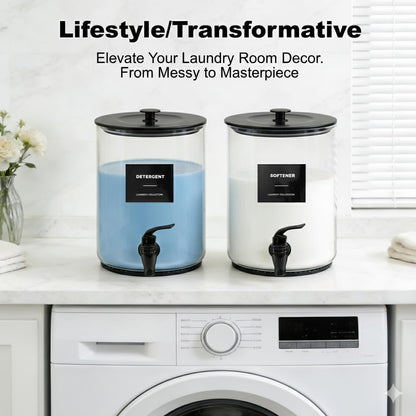 Glass Laundry Detergent Dispenser for Laundry Room Organization-Black | 1 Gallon Large Liquid Soap Dispenser with Black Metal Lid & Leak-Proof Spigot, 1 Measured Cups, 1 Silicone Mats & 9 Labels