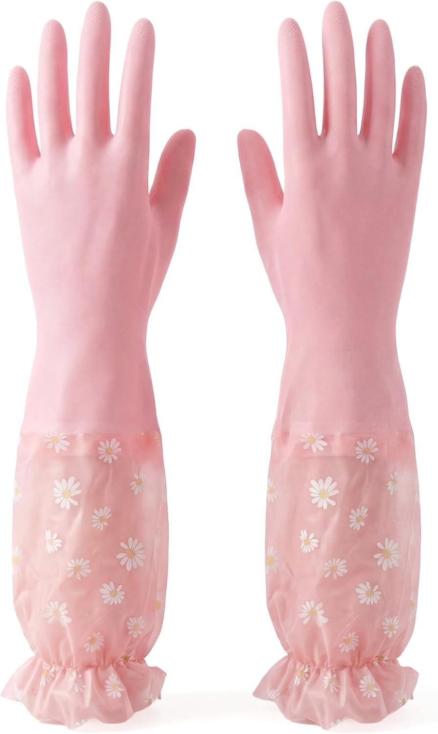 Pink Reusable Dishwashing Gloves, Dishwashing Cleaning Gloves, Waterproof Long Cuff Non-Slip Household Gloves for Laundry, Cleaning, Working, Gardening