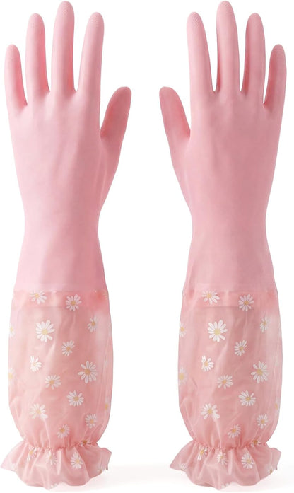 Pink Reusable Dishwashing Gloves, Dishwashing Cleaning Gloves, Waterproof Long Cuff Non-Slip Household Gloves for Laundry, Cleaning, Working, Gardening