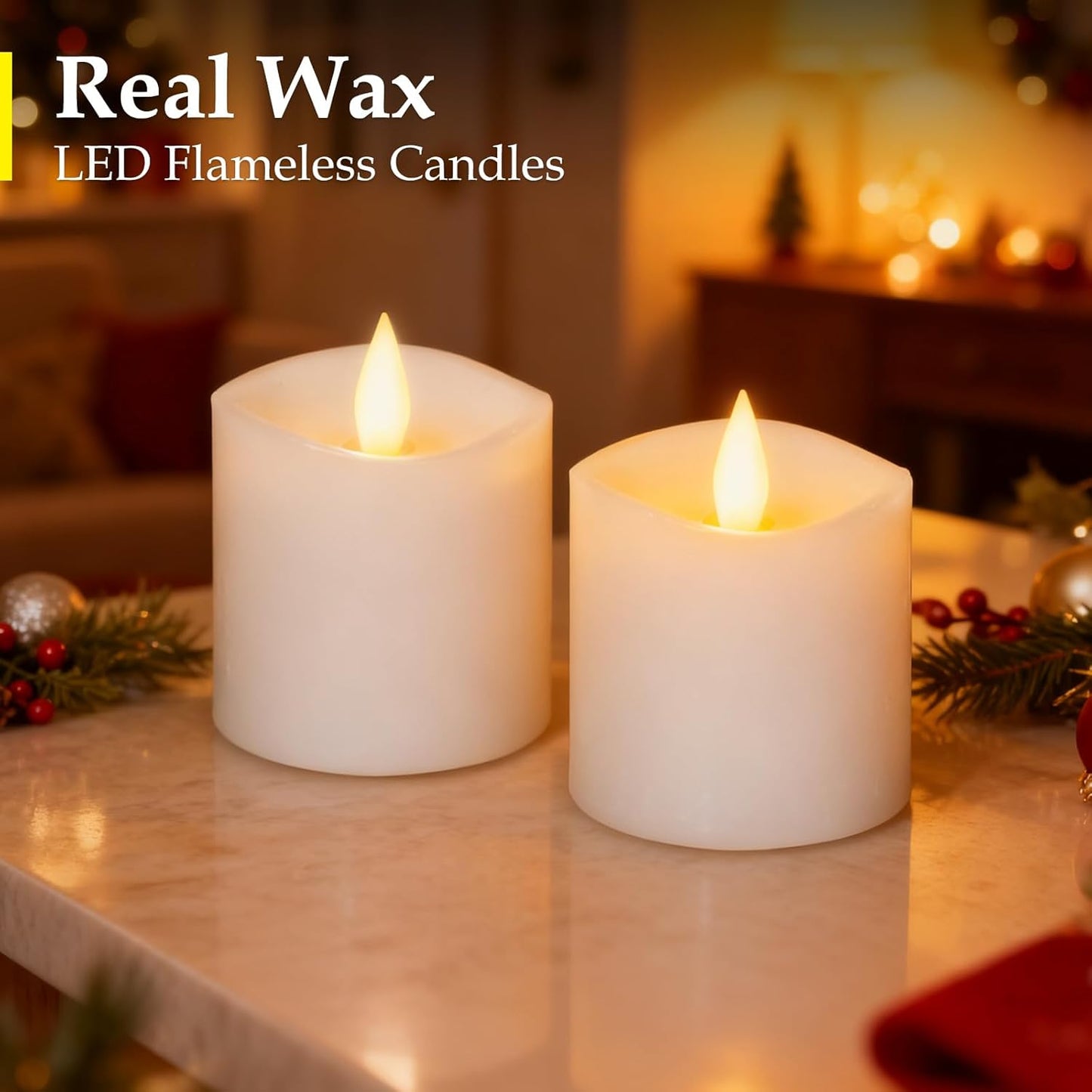 3"x4" Flickering Flameless Battery Candles with Timer, White Realistic LED Pillar Candles, Set of 2 Large Remote-Operated Candles for Home Indoor/Outdoor & Holiday Decor