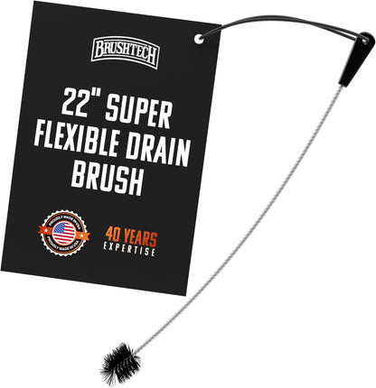 Brushtech 22" Super Flexible Drain Brush - Long Pipe Cleaning Brush for Tough Clogs, Hair, & Debris - Non-Kinking Spring for Kitchen & Hard-to-Reach Bathroom Sink Maintenance - Made in USA