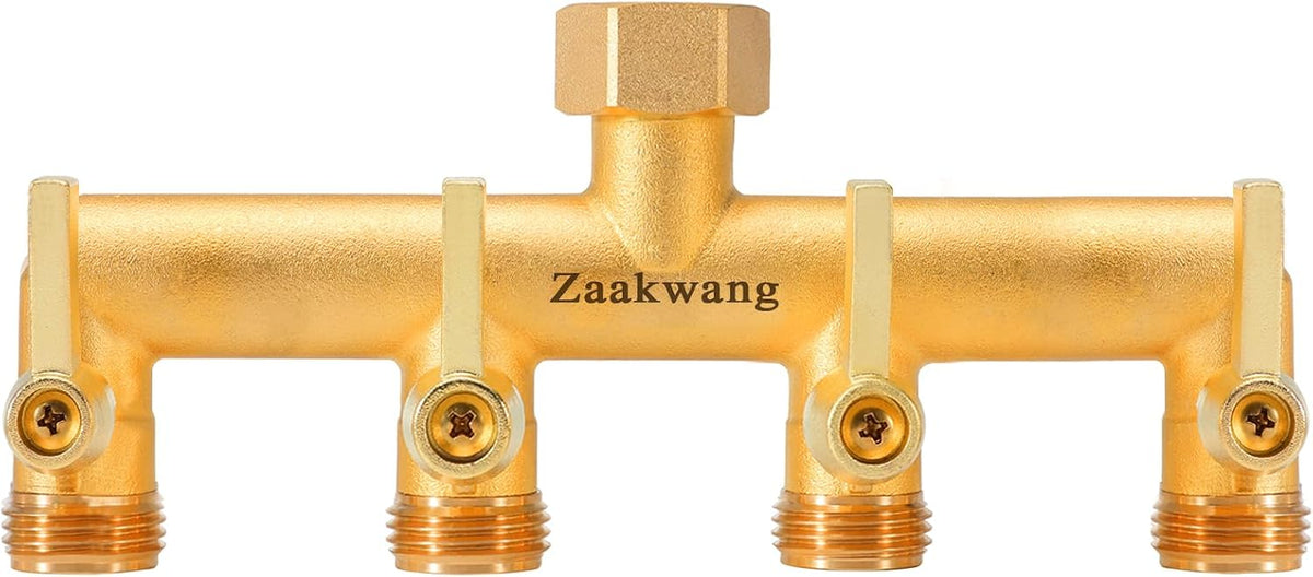 Heavy Duty Brass 2-Way Garden Hose Splitter, 3/4" GHT Threads, Metal Shutoff Valve, Long Handle
