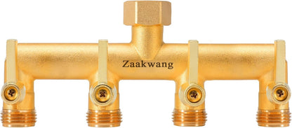 Heavy Duty Brass 2-Way Garden Hose Splitter, 3/4" GHT Threads, Metal Shutoff Valve, Long Handle