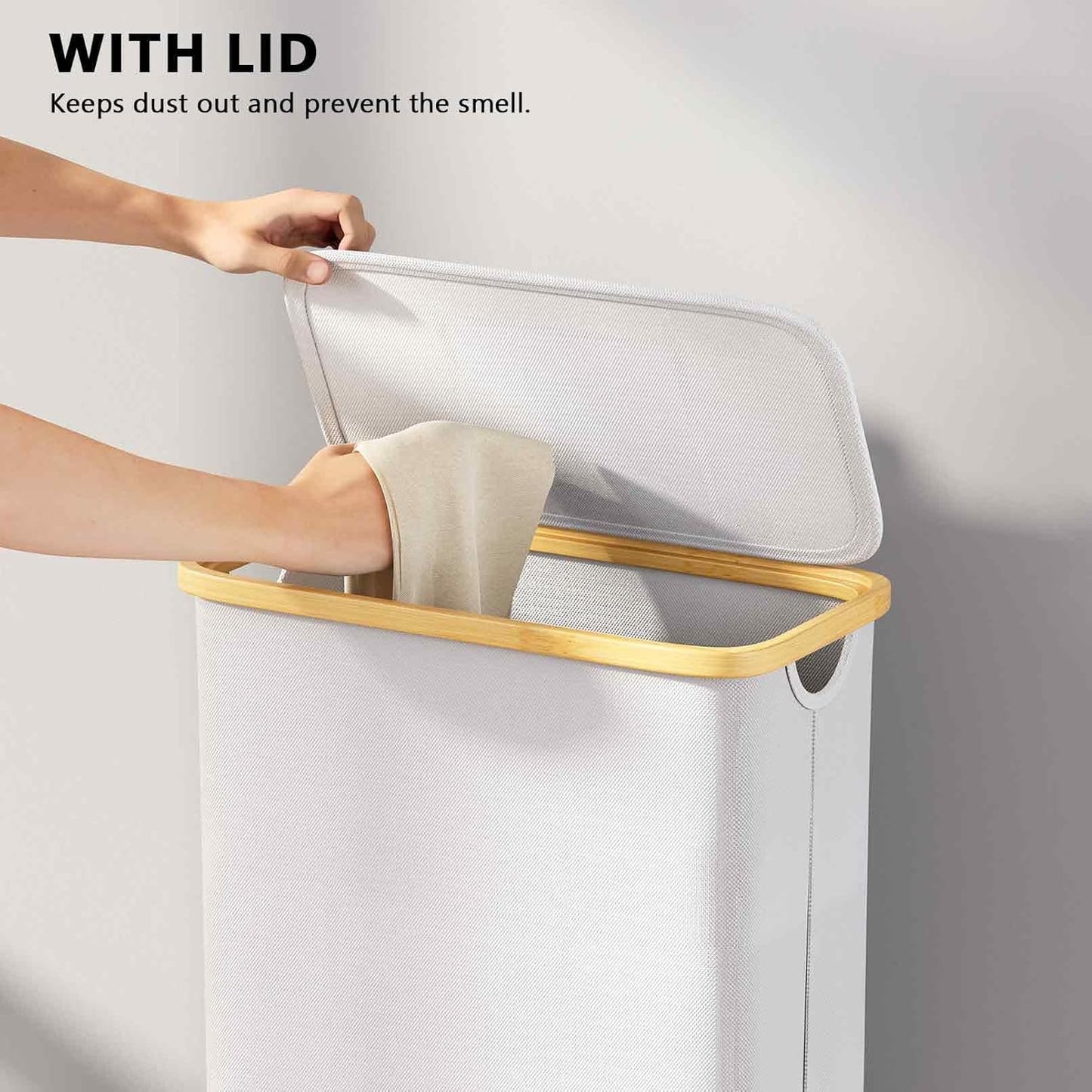 SpaceAid Double Laundry Hamper 2 Section with Lid and Removable Laundry Bags, 160L Clothes Basket with Bamboo Handles, Large Collapsible Hamper for Bedroom, Bathroom, Dorm, Laundry Room - White