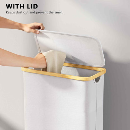 SpaceAid Double Laundry Hamper 2 Section with Lid and Removable Laundry Bags, 160L Clothes Basket with Bamboo Handles, Large Collapsible Hamper for Bedroom, Bathroom, Dorm, Laundry Room - White