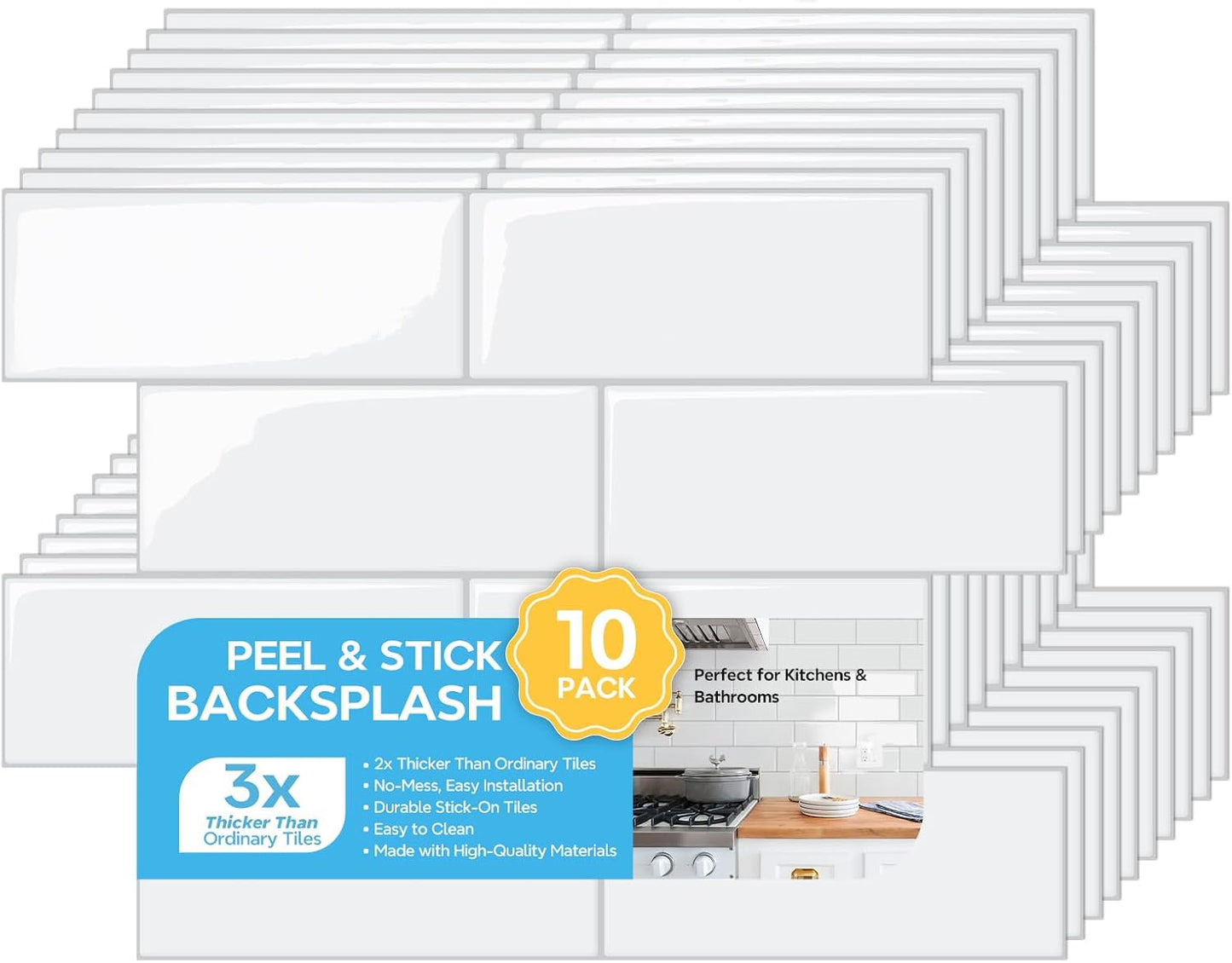 STICKGOO 10 Sheets Subway Tile Peel and Stick Backsplash, Extra Thick 3D Wall Tiles with Commercial-Grade Adhesive for Kitchen, Bathroom, Laundry Room,11.56"x8.38"(White)