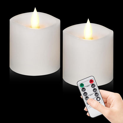 3"x4" Flickering Flameless Battery Candles with Timer, White Realistic LED Pillar Candles, Set of 2 Large Remote-Operated Candles for Home Indoor/Outdoor & Holiday Decor