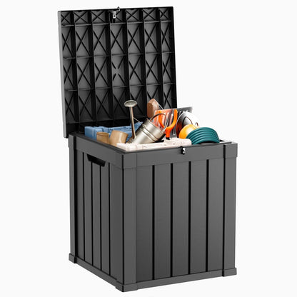 DRATO 35 Gallon Outdoor Storage Box Waterproof, Resin Small Deck Box for Patio Furniture Bench, Pool Garden Tools, Weatherproof Outside Storage Bin for Backyard Porch (Black, 35 Gallon)