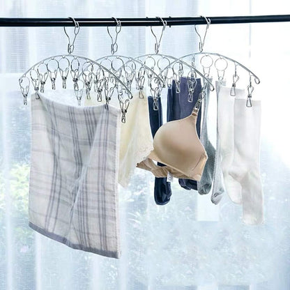 10 Pack Laundry Drying Rack Clothes Hanger with 10 Clips, Stainless Steel Clothes Drying Rack Sock Hangers Windproof Clip and Drip Hanger for Drying Socks, Bras, Towel, Underwear, Diapers