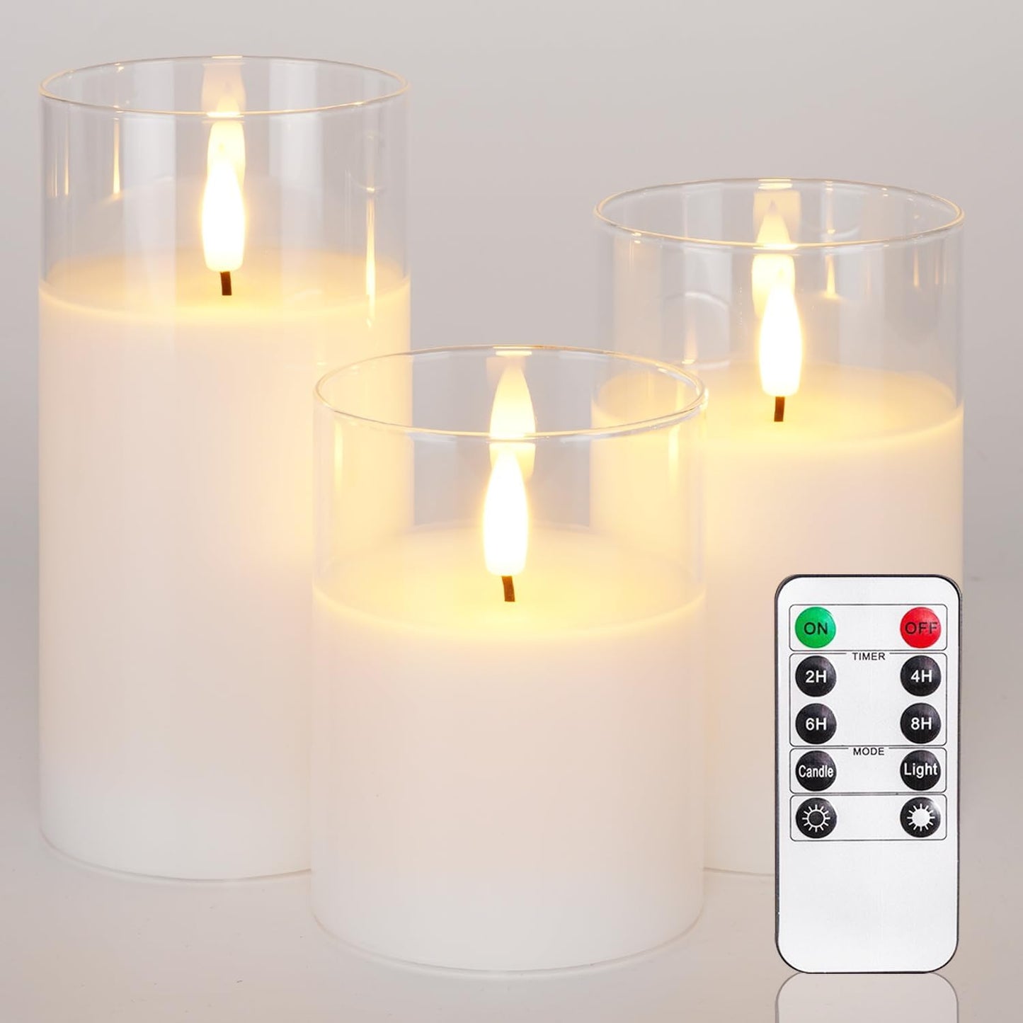 Homemory Green Glass Flameless Candles, Battery Operated LED Pillar Candles with Remote Control and Timer, Radiance Candles, Real Wax, Set of 3,D3 xH4 5" 6"