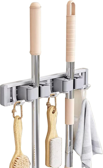 Broom Holder Wall Mount Movable Hooks and Clips Mop and Broom Hanger Wall Mounted Aluminum Garage Tool Organizer Storage Adhesive (Silver: 5 clips with 6 hooks)