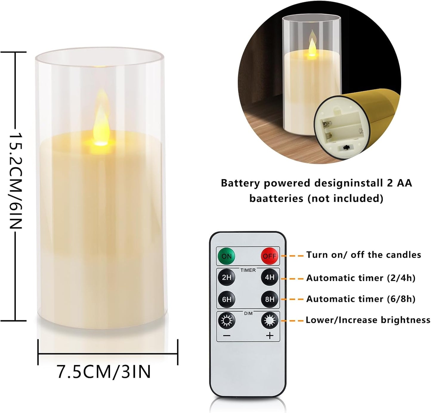 wemarry Flameless Candles 4" 5" 6" Acrylic Glass Pillars 3" Diameter Battery Operated Flickering Candles Include 8-Key Remote with Timer Function 400+ Hours (Amber, Warm Light 3 Pack)