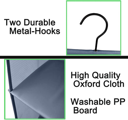 Hanging Closet Organizer 3-Shelf, Oxford Fabric Wardrobe Storage, Gray | Easy-mount foldable design holds clothes, handbags, shoes & accessories; washable Oxford fabric, sturdy and space-saving.